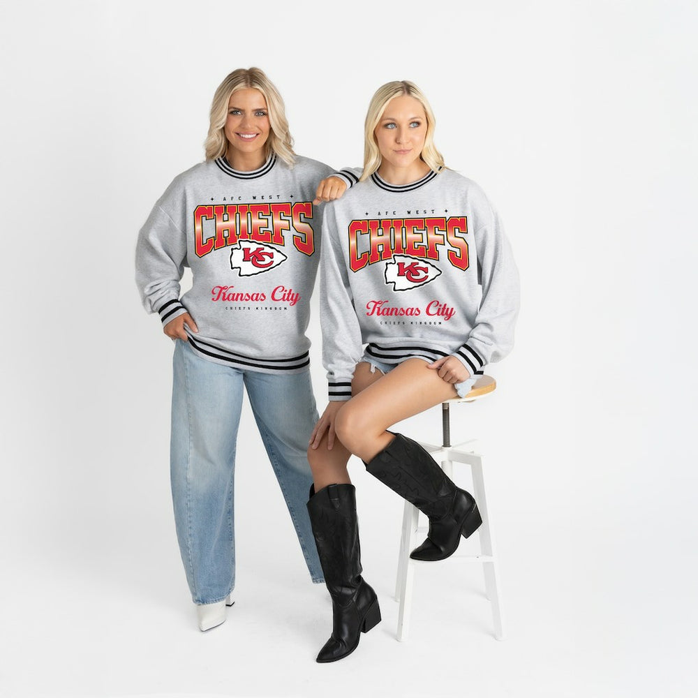 Kansas City Chiefs Gameday Couture Women's Oversized Gridiron Drive Ringer Stripe Sweatshirt Ash/Black | NFL
