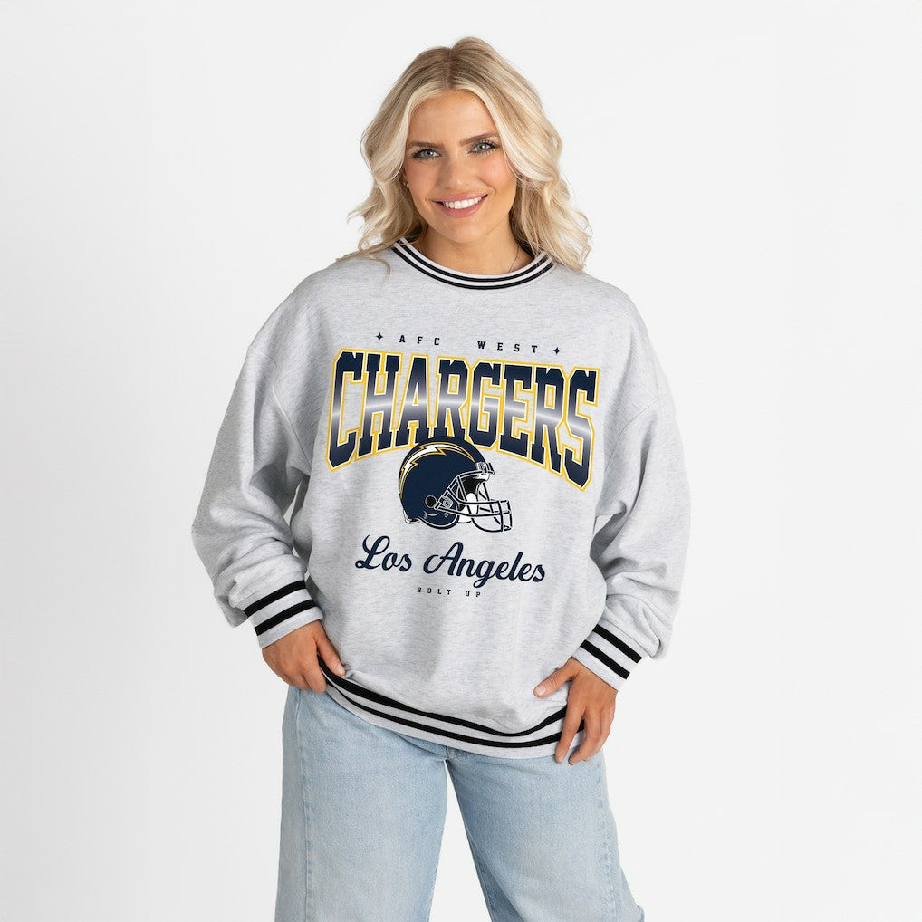 Los Angeles Chargers Gameday Couture Women's Oversized Gridiron Drive Ringer Stripe Sweatshirt Ash/Black | NFL