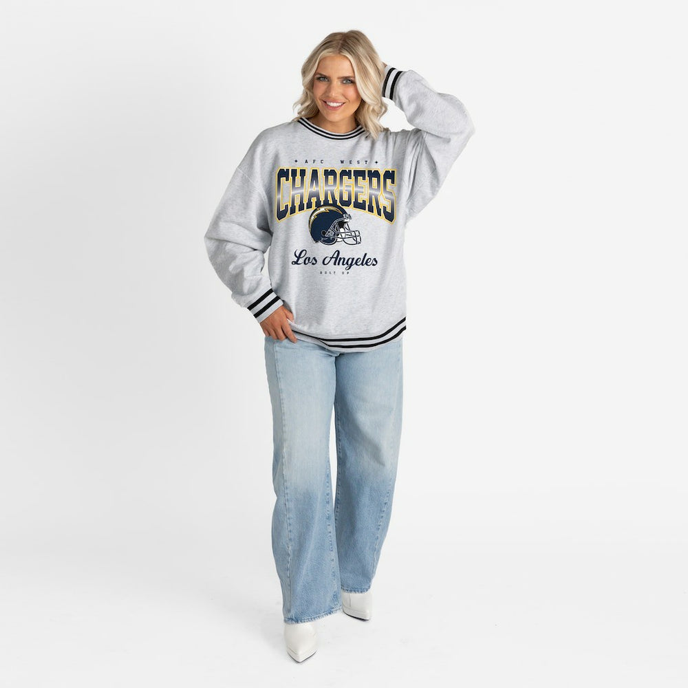 Los Angeles Chargers Gameday Couture Women's Oversized Gridiron Drive Ringer Stripe Sweatshirt Ash/Black | NFL