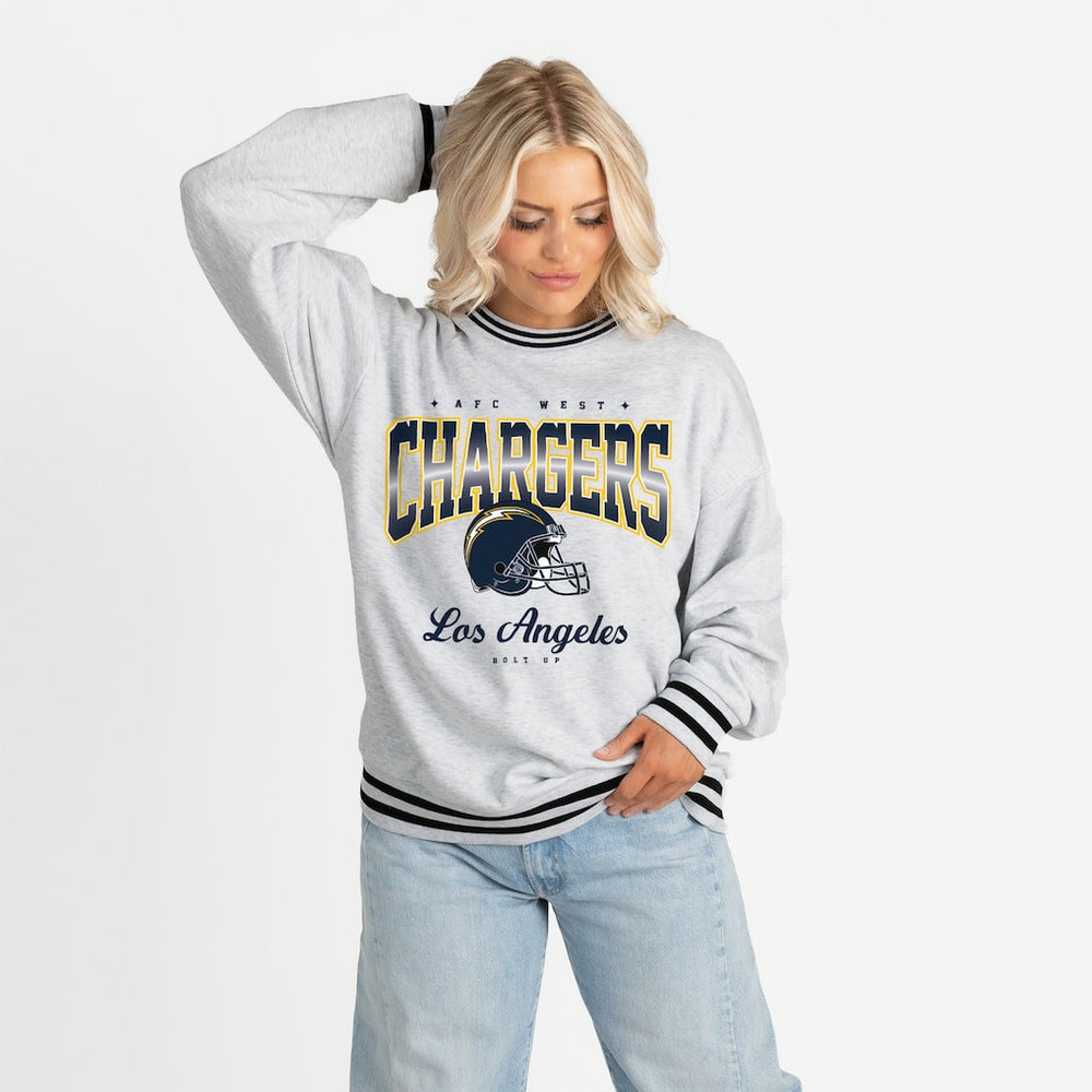 Los Angeles Chargers Gameday Couture Women's Oversized Gridiron Drive Ringer Stripe Sweatshirt Ash/Black | NFL