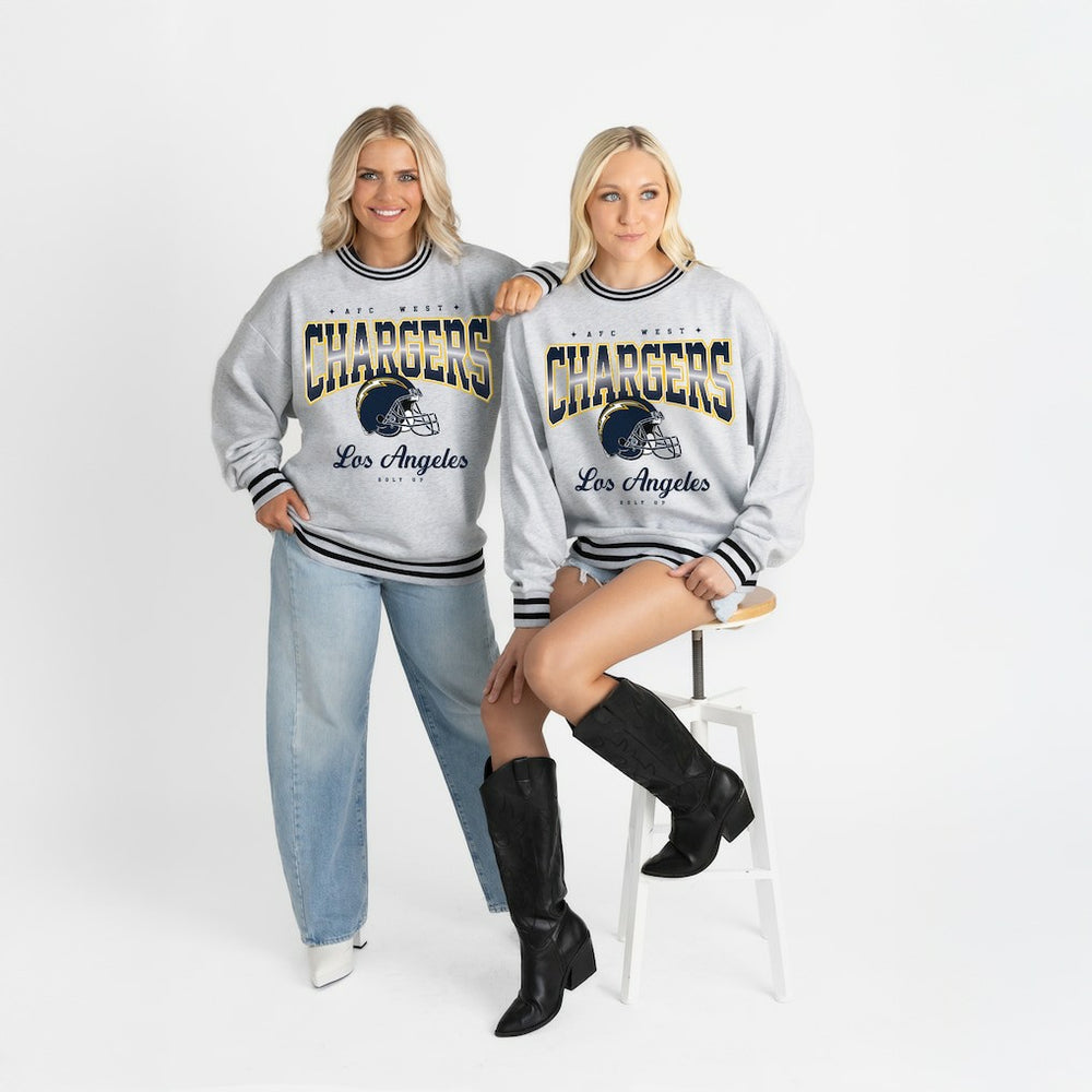 Los Angeles Chargers Gameday Couture Women's Oversized Gridiron Drive Ringer Stripe Sweatshirt Ash/Black | NFL