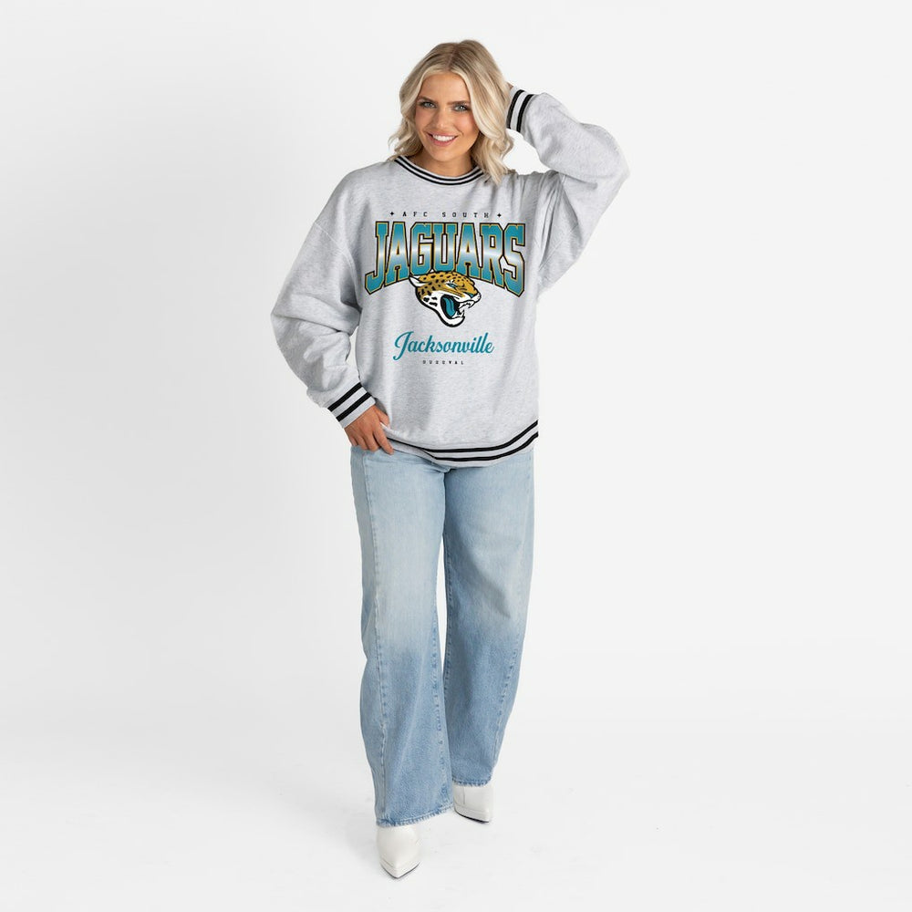 Jacksonville Jaguars Gameday Couture Women's Oversized Gridiron Drive Ringer Stripe Sweatshirt Ash/Black | NFL