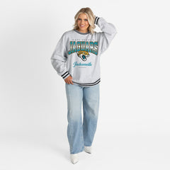 Jacksonville Jaguars Gameday Couture Women's Oversized Gridiron Drive Ringer Stripe Sweatshirt Ash/Black | NFL