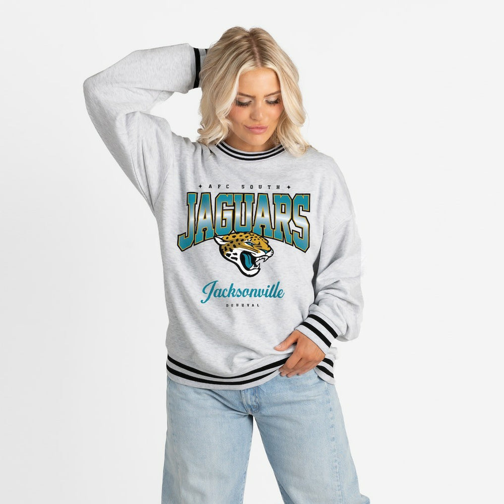 Jacksonville Jaguars Gameday Couture Women's Oversized Gridiron Drive Ringer Stripe Sweatshirt Ash/Black | NFL