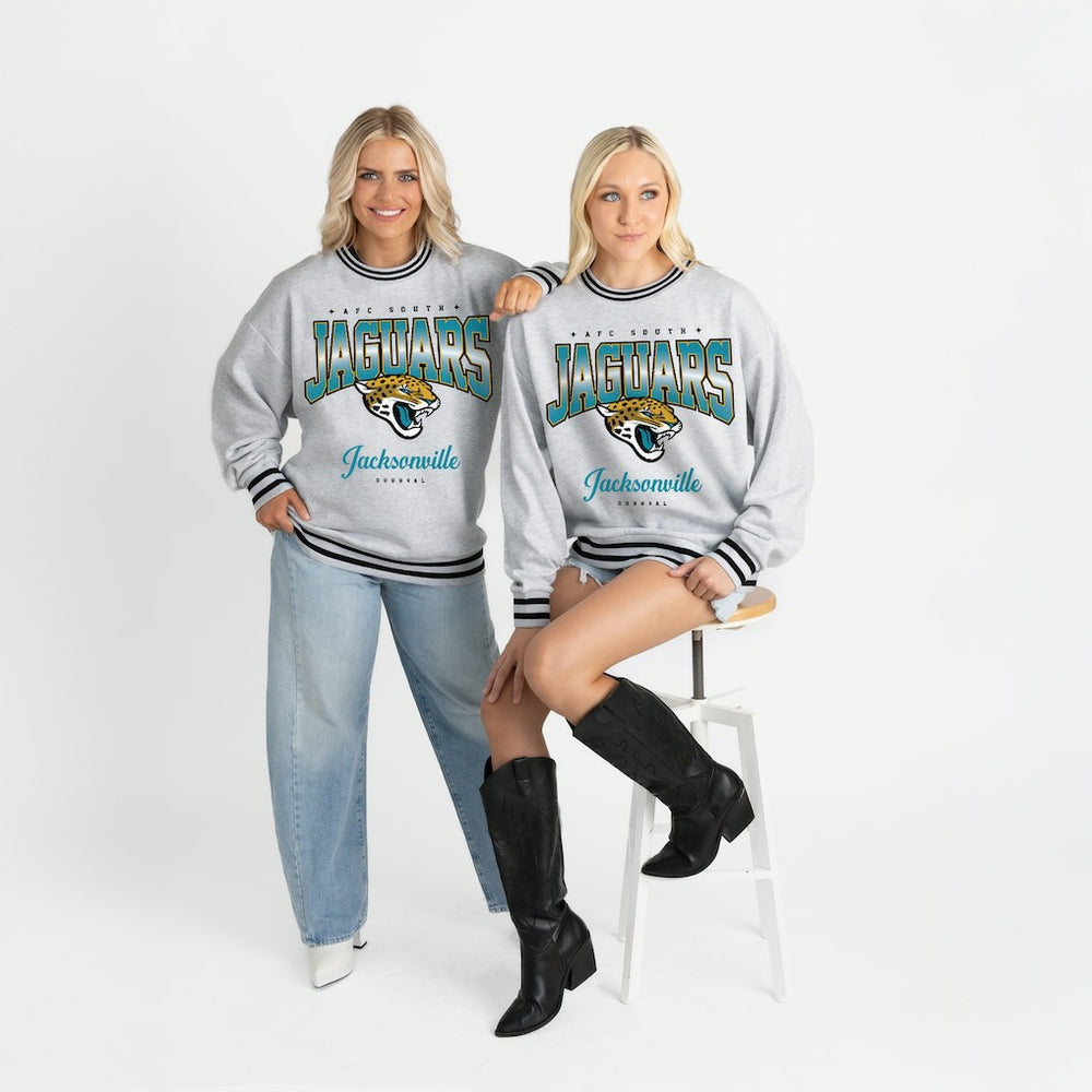 Jacksonville Jaguars Gameday Couture Women's Oversized Gridiron Drive Ringer Stripe Sweatshirt Ash/Black | NFL
