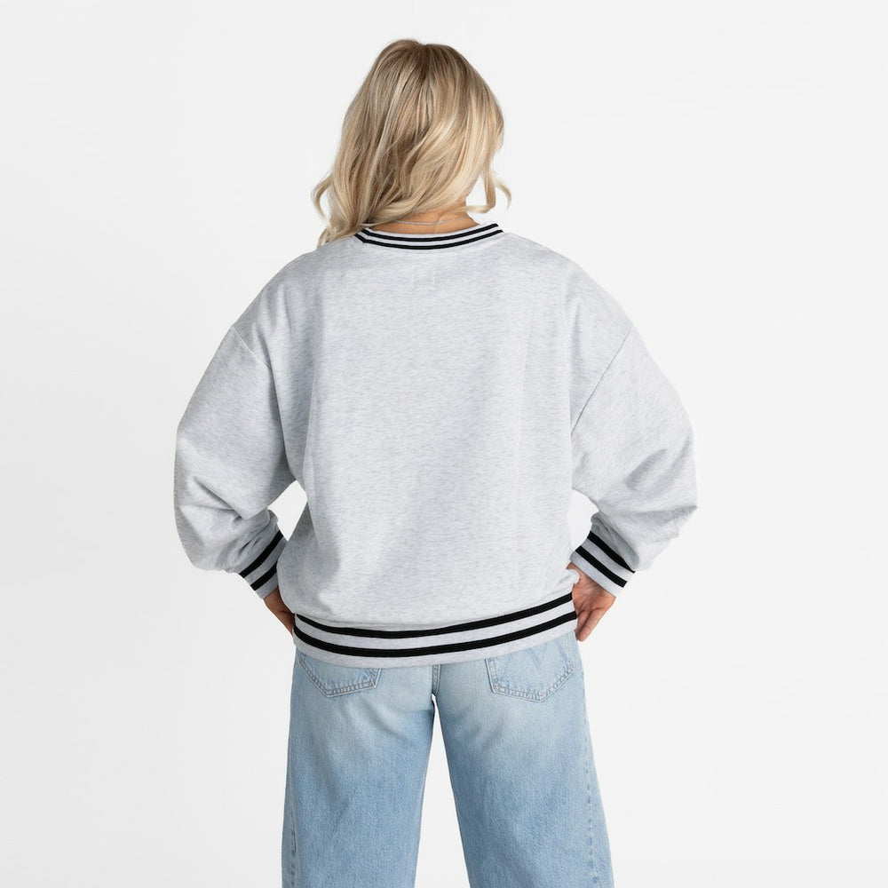 New England Patriots Gameday Couture Women's Oversized Gridiron Drive Ringer Stripe Sweatshirt Ash/Black | NFL