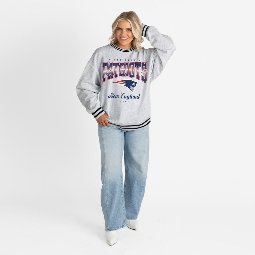 New England Patriots Gameday Couture Women's Oversized Gridiron Drive Ringer Stripe Sweatshirt Ash/Black | NFL