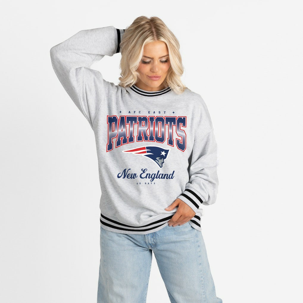 New England Patriots Gameday Couture Women's Oversized Gridiron Drive Ringer Stripe Sweatshirt Ash/Black | NFL