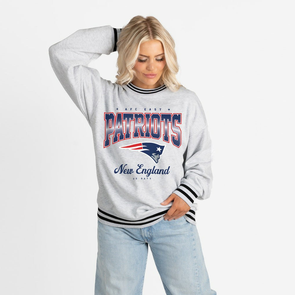 New England Patriots Gameday Couture Women's Oversized Gridiron Drive Ringer Stripe Sweatshirt Ash/Black | NFL