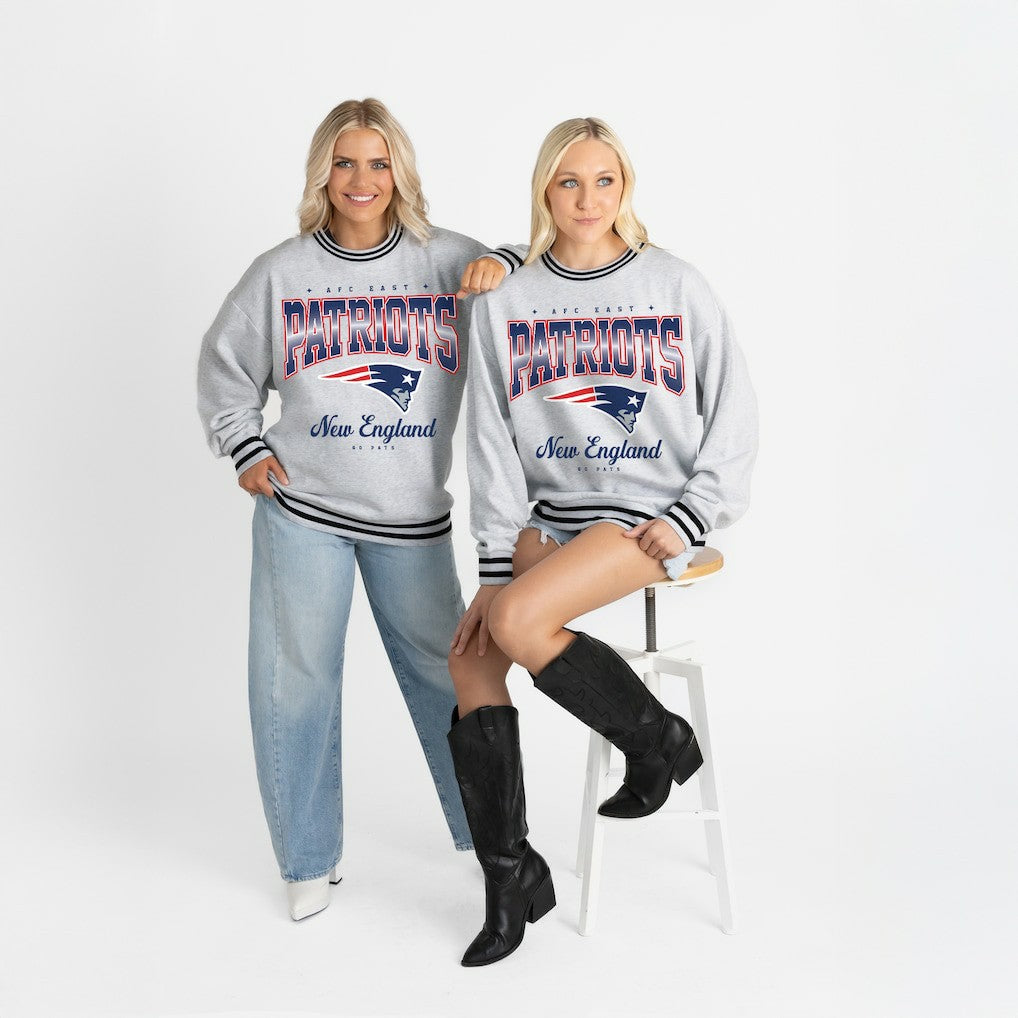 New England Patriots Gameday Couture Women's Oversized Gridiron Drive Ringer Stripe Sweatshirt Ash/Black | NFL