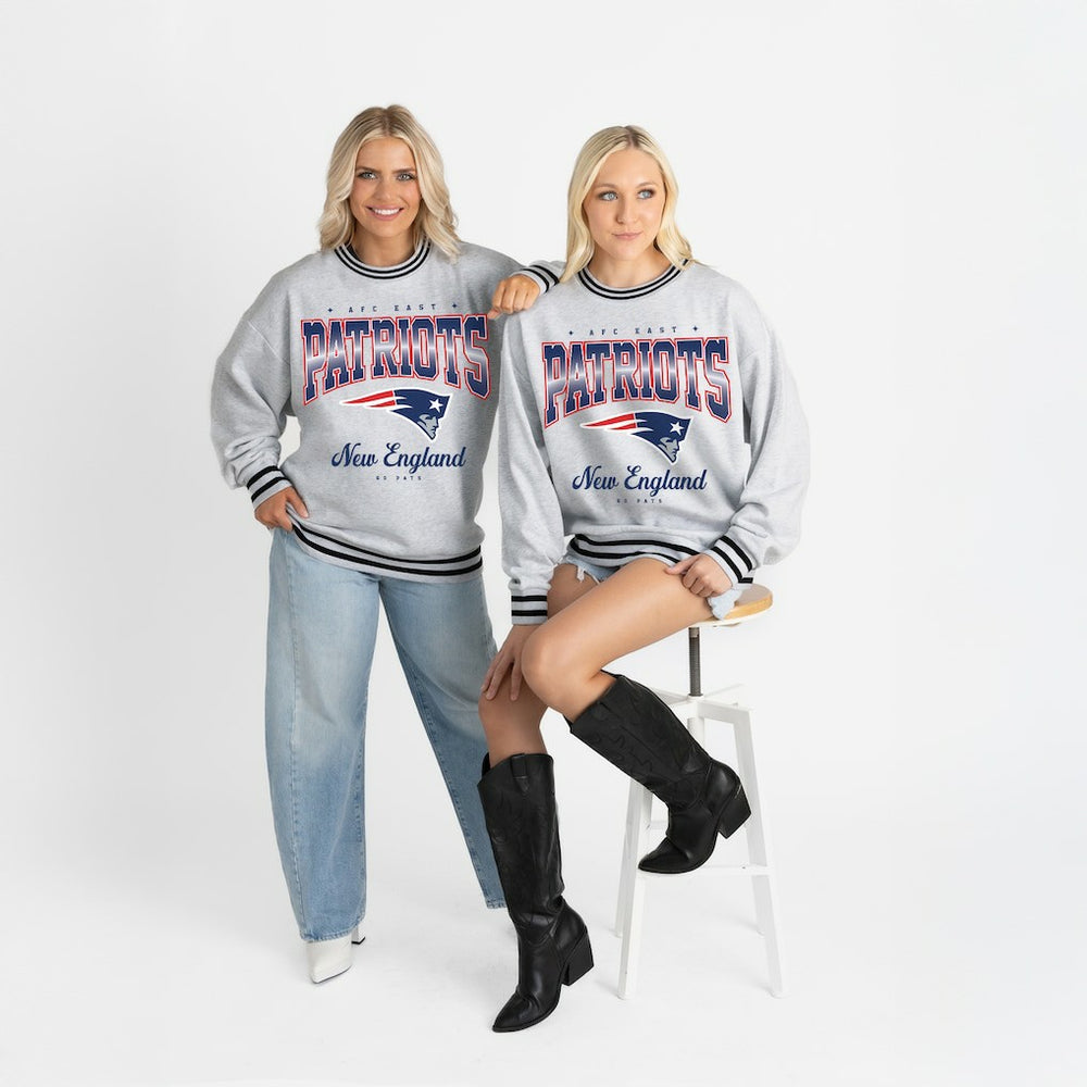 New England Patriots Gameday Couture Women's Oversized Gridiron Drive Ringer Stripe Sweatshirt Ash/Black | NFL