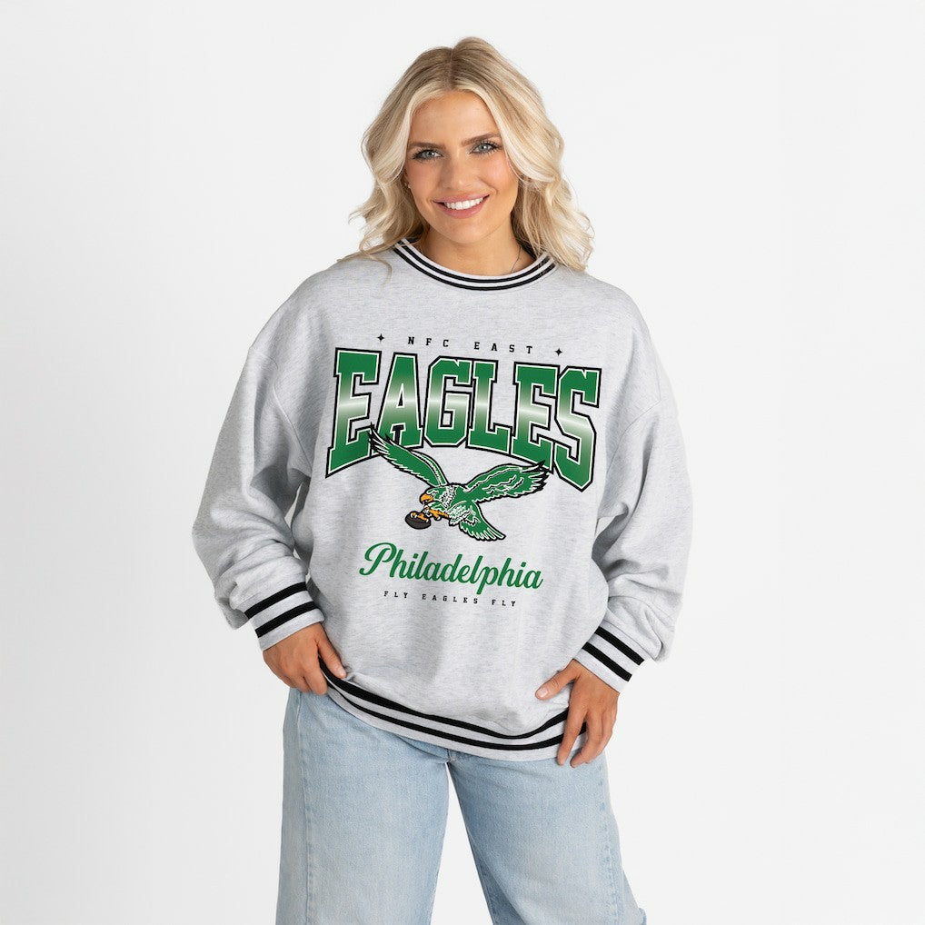 Philadelphia Eagles Gameday Couture Women's Oversized Gridiron Drive Ringer Stripe Sweatshirt Ash/Black | NFL