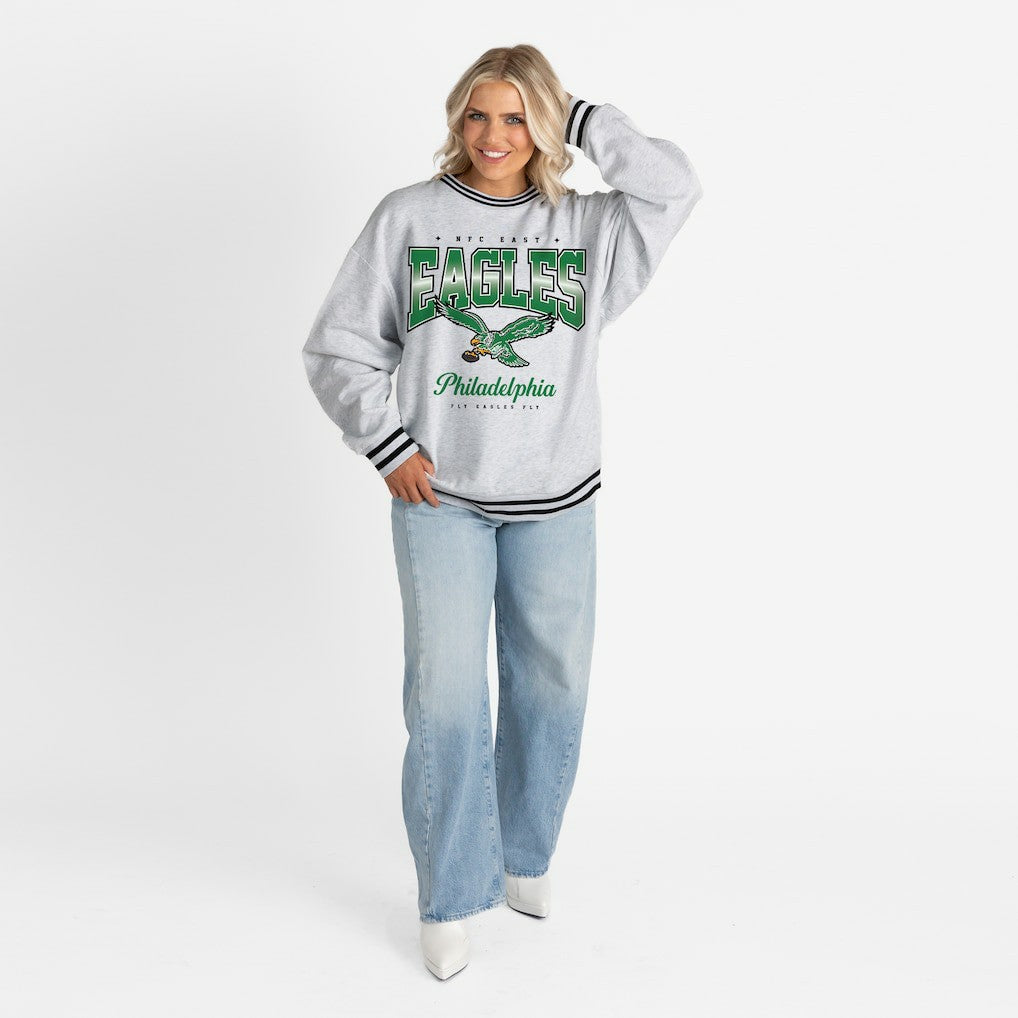 Philadelphia Eagles Gameday Couture Women's Oversized Gridiron Drive Ringer Stripe Sweatshirt Ash/Black | NFL