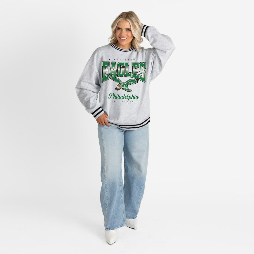 Philadelphia Eagles Gameday Couture Women's Oversized Gridiron Drive Ringer Stripe Sweatshirt Ash/Black | NFL