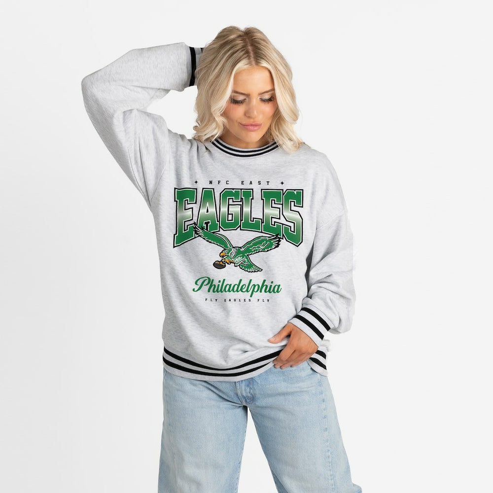 Philadelphia Eagles Gameday Couture Women's Oversized Gridiron Drive Ringer Stripe Sweatshirt Ash/Black | NFL