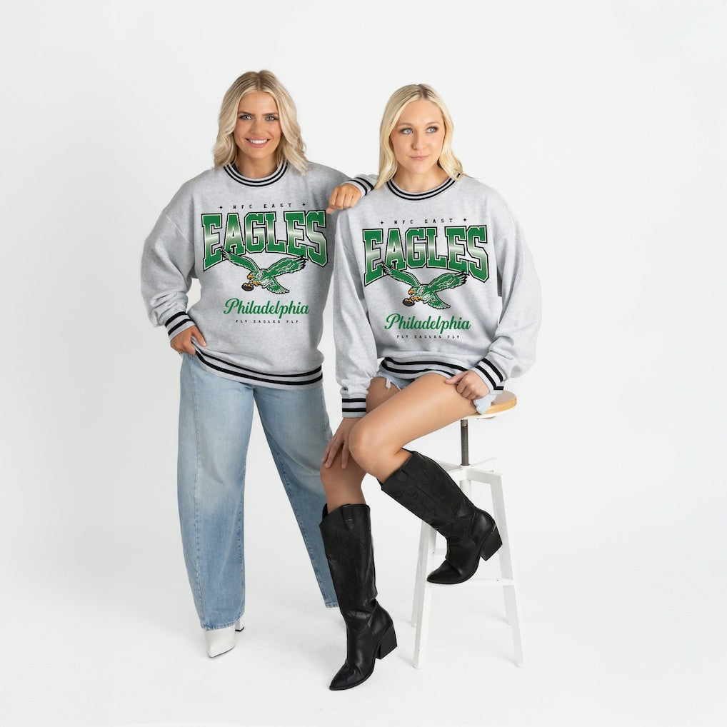 Philadelphia Eagles Gameday Couture Women's Oversized Gridiron Drive Ringer Stripe Sweatshirt Ash/Black | NFL