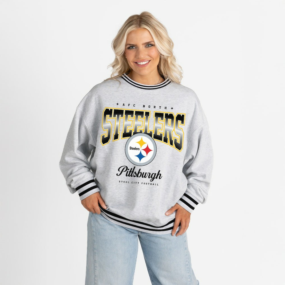 Pittsburgh Steelers Gameday Couture Women's Oversized Gridiron Drive Ringer Stripe Sweatshirt Ash/Black | NFL