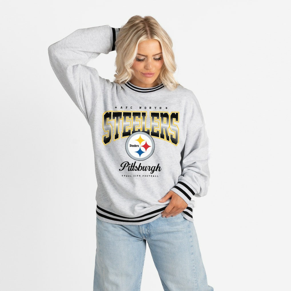 Pittsburgh Steelers Gameday Couture Women's Oversized Gridiron Drive Ringer Stripe Sweatshirt Ash/Black | NFL