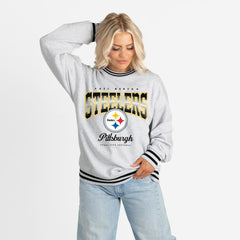 Pittsburgh Steelers Gameday Couture Women's Oversized Gridiron Drive Ringer Stripe Sweatshirt Ash/Black | NFL