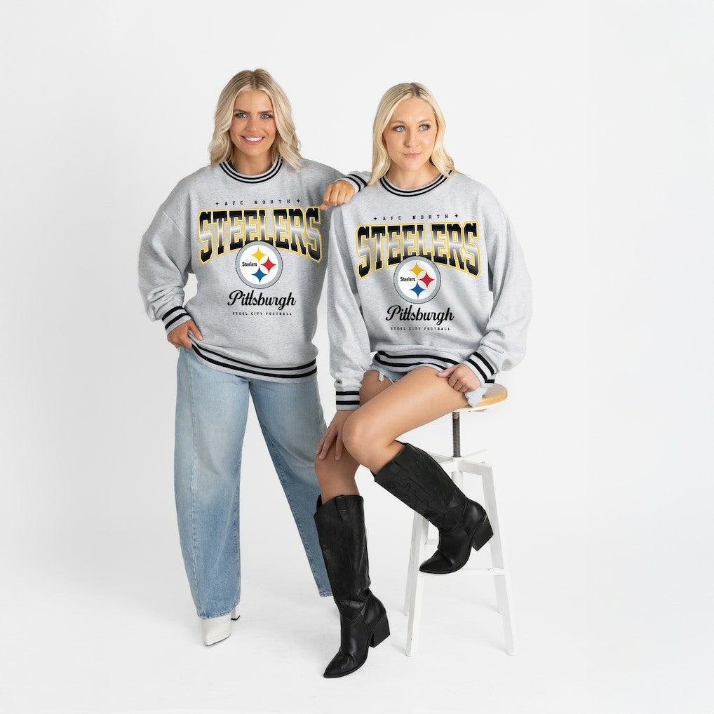 Pittsburgh Steelers Gameday Couture Women's Oversized Gridiron Drive Ringer Stripe Sweatshirt Ash/Black | NFL