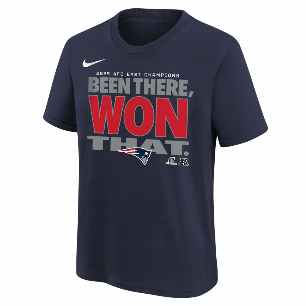 New England Patriots Youth 2025 AFC East Division Champions Locker Room Trophy Collection T-Shirt Navy | Nike for Sale