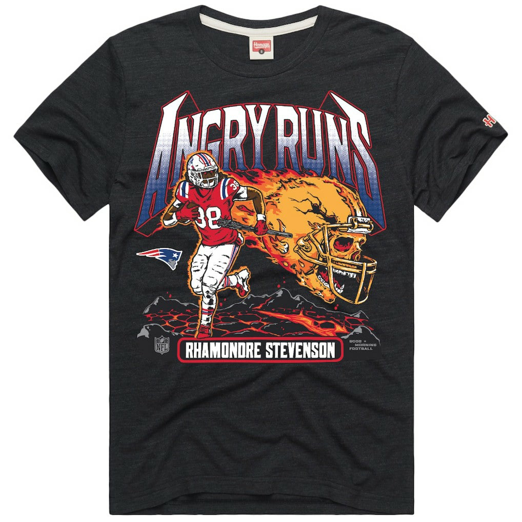 Rhamondre Stevenson New England Patriots Homage Unisex Angry Runs Player Graphic Tri-Blend T-Shirt Charcoal | NFL