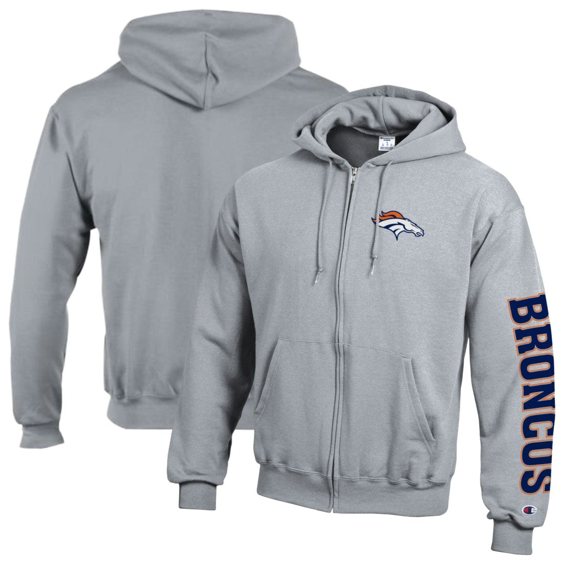 Denver Broncos Champion Powerblend Fleece Full-Zip Hoodie Heather Gray | NFL