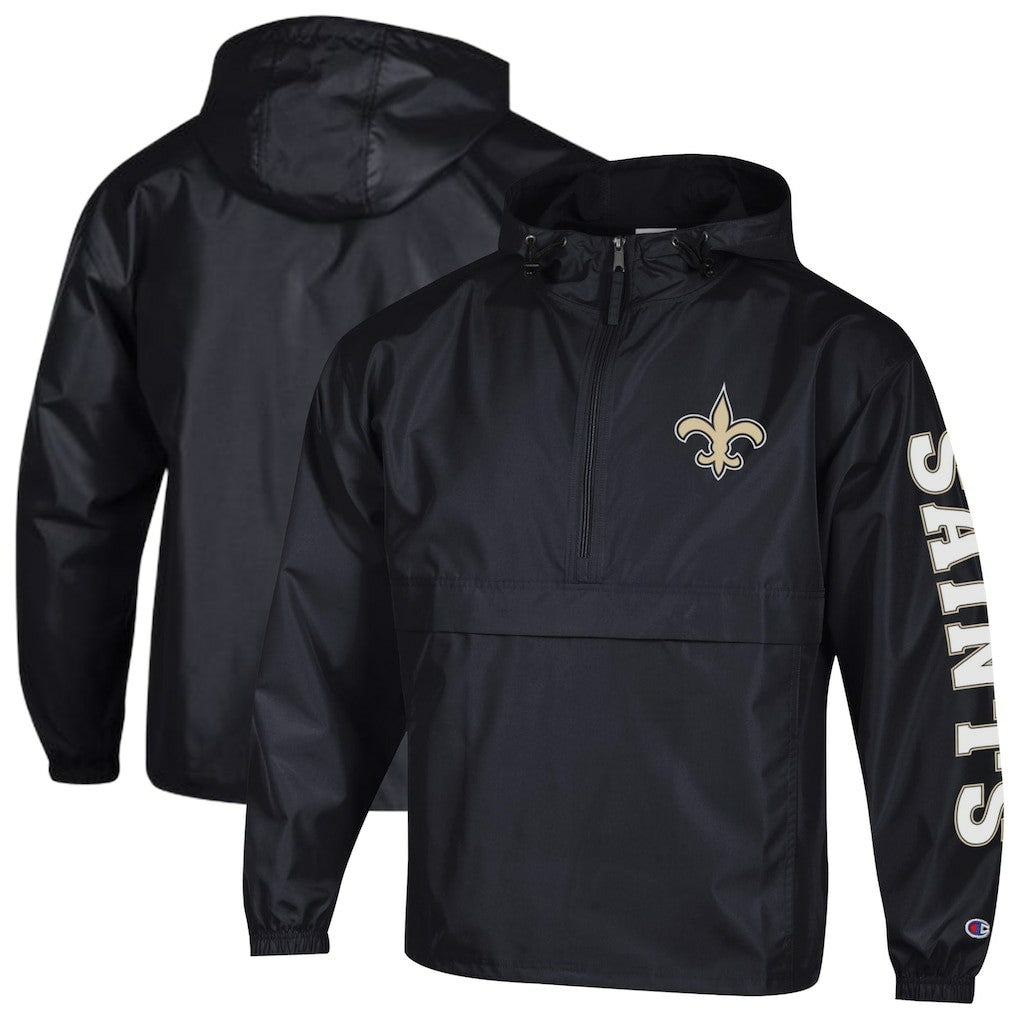 New Orleans Saints Champion Packable Windbreaker Half-Zip Jacket Black | NFL