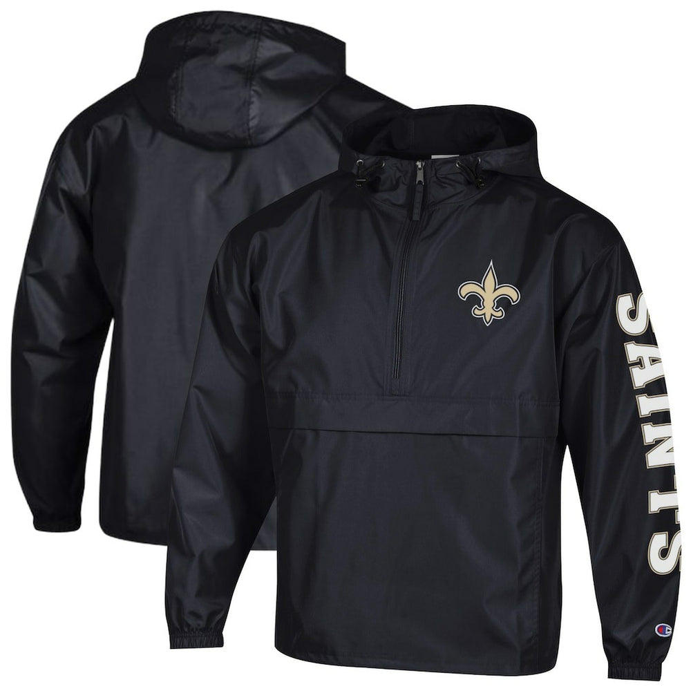 New Orleans Saints Champion Packable Windbreaker Half-Zip Jacket Black | NFL