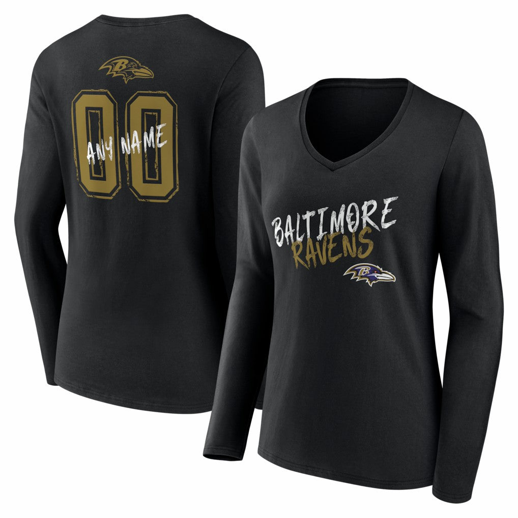 Baltimore Ravens Women's Hustle Personalized Name & Number Long Sleeve V-Neck T-Shirt Black | NFL