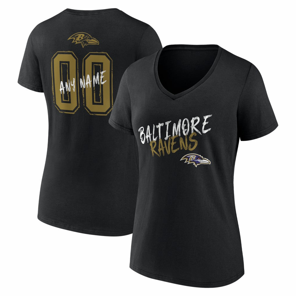 Baltimore Ravens Women's Hustle Personalized Name & Number V-Neck T-Shirt Black | NFL