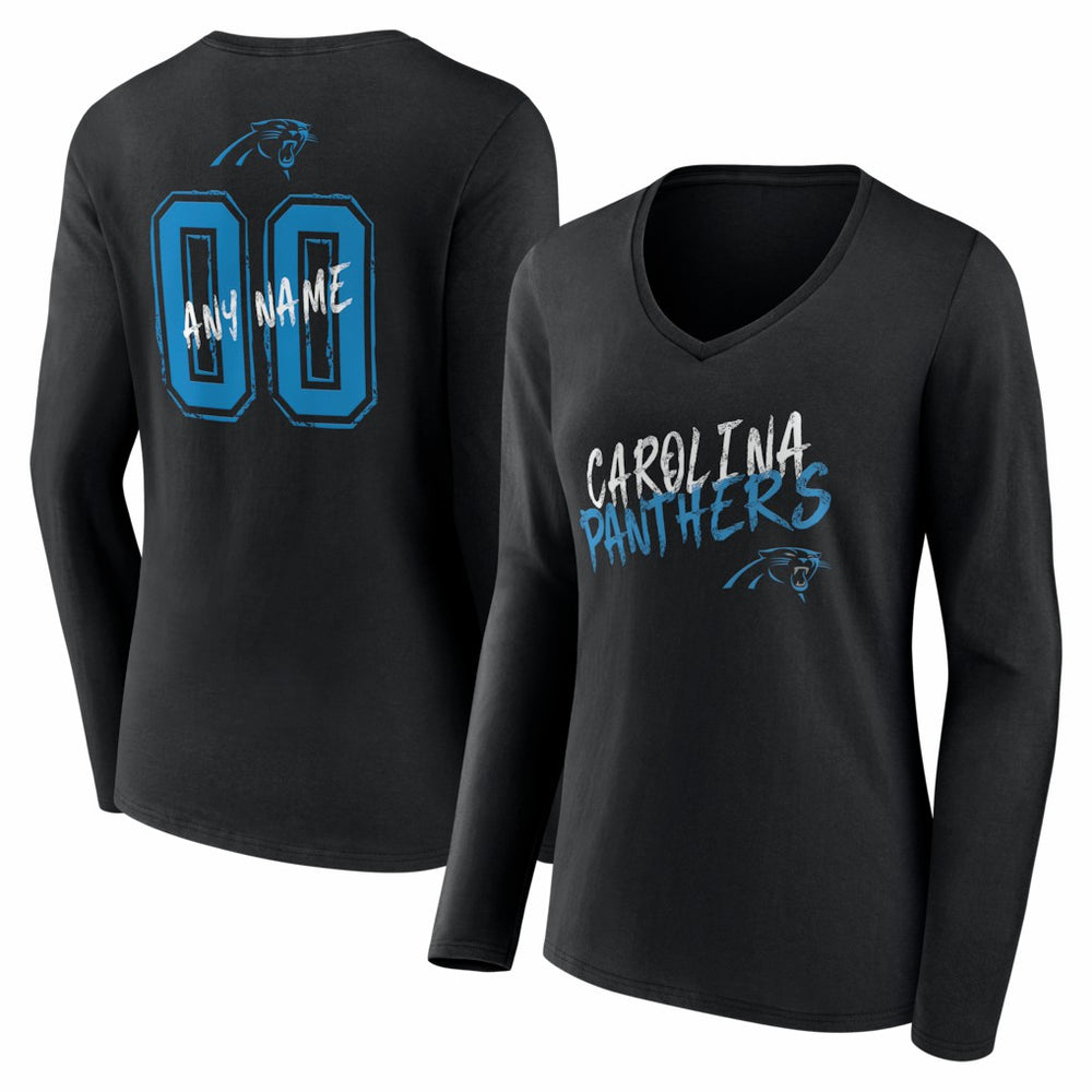 Carolina Panthers Women's Hustle Personalized Name & Number Long Sleeve V-Neck T-Shirt Black | NFL