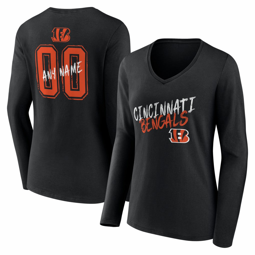 Cincinnati Bengals Women's Hustle Personalized Name & Number Long Sleeve V-Neck T-Shirt Black | NFL