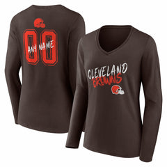 Cleveland Browns Women's Hustle Personalized Name & Number Long Sleeve V-Neck T-Shirt Brown | NFL