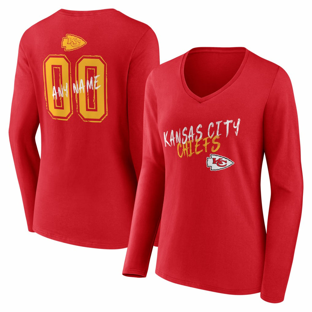 Kansas City Chiefs Women's Hustle Personalized Name & Number Long Sleeve V-Neck T-Shirt Red | NFL