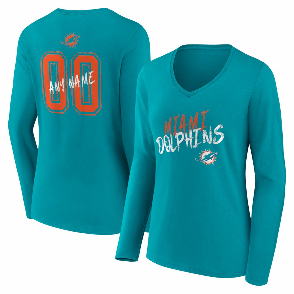 Miami Dolphins Women's Hustle Personalized Name & Number Long Sleeve V-Neck T-Shirt Aqua | NFL