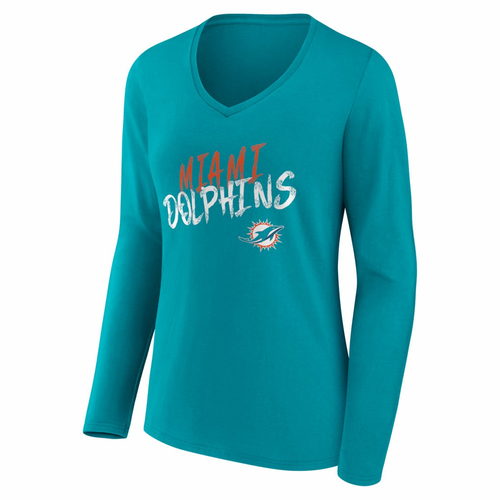 Miami Dolphins Women's Hustle Personalized Name & Number Long Sleeve V-Neck T-Shirt Aqua | NFL