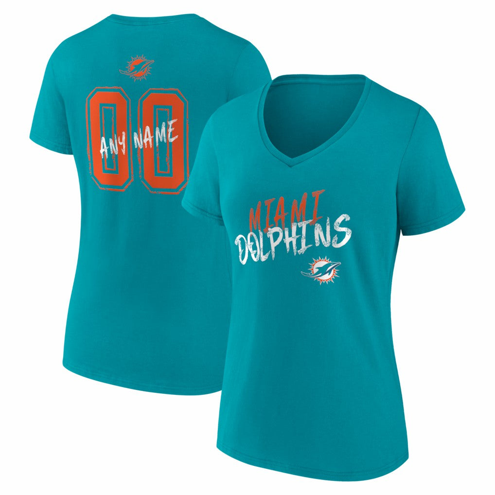 Miami Dolphins Women's Hustle Personalized Name & Number V-Neck T-Shirt Aqua | NFL