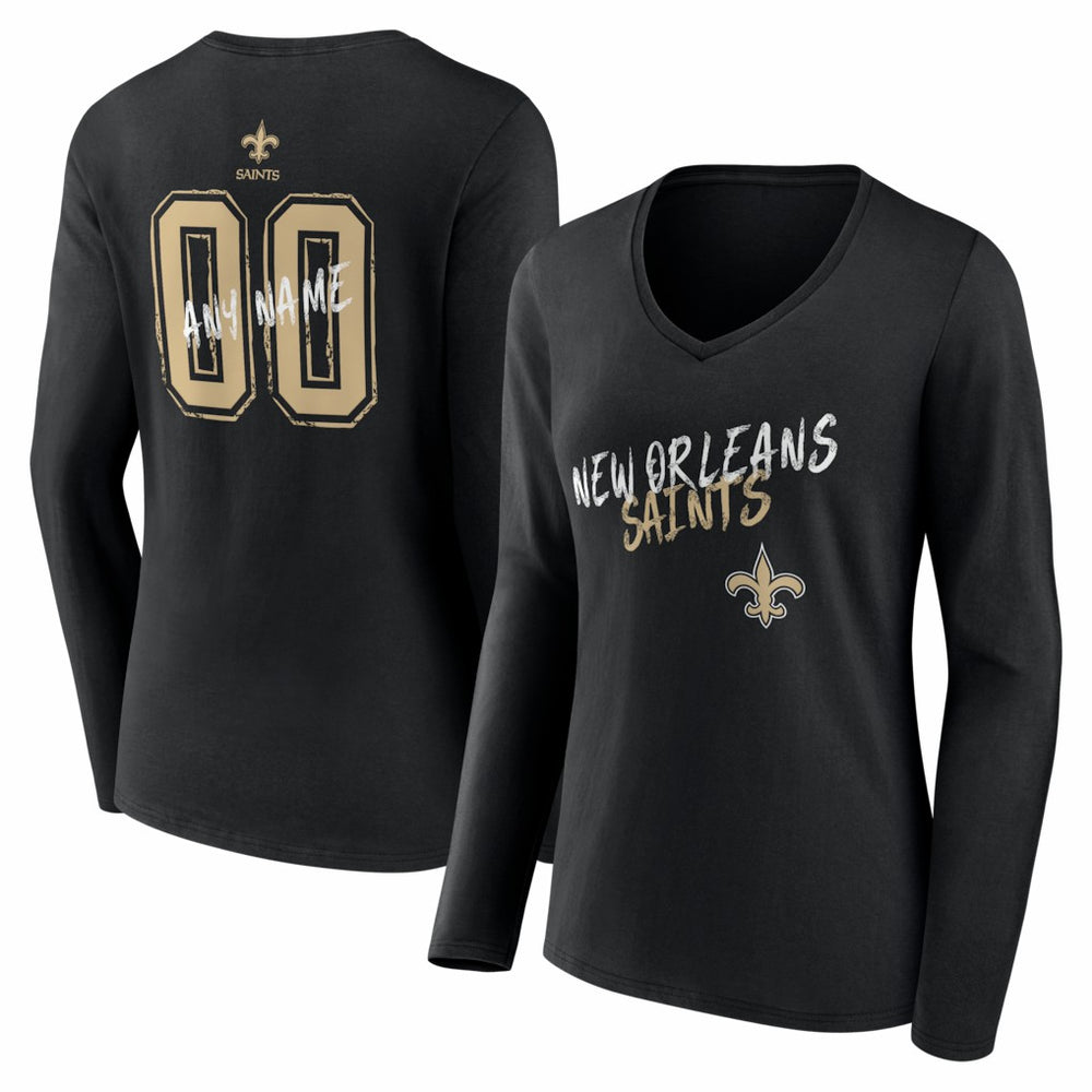 New Orleans Saints Women's Hustle Personalized Name & Number Long Sleeve V-Neck T-Shirt Black | NFL