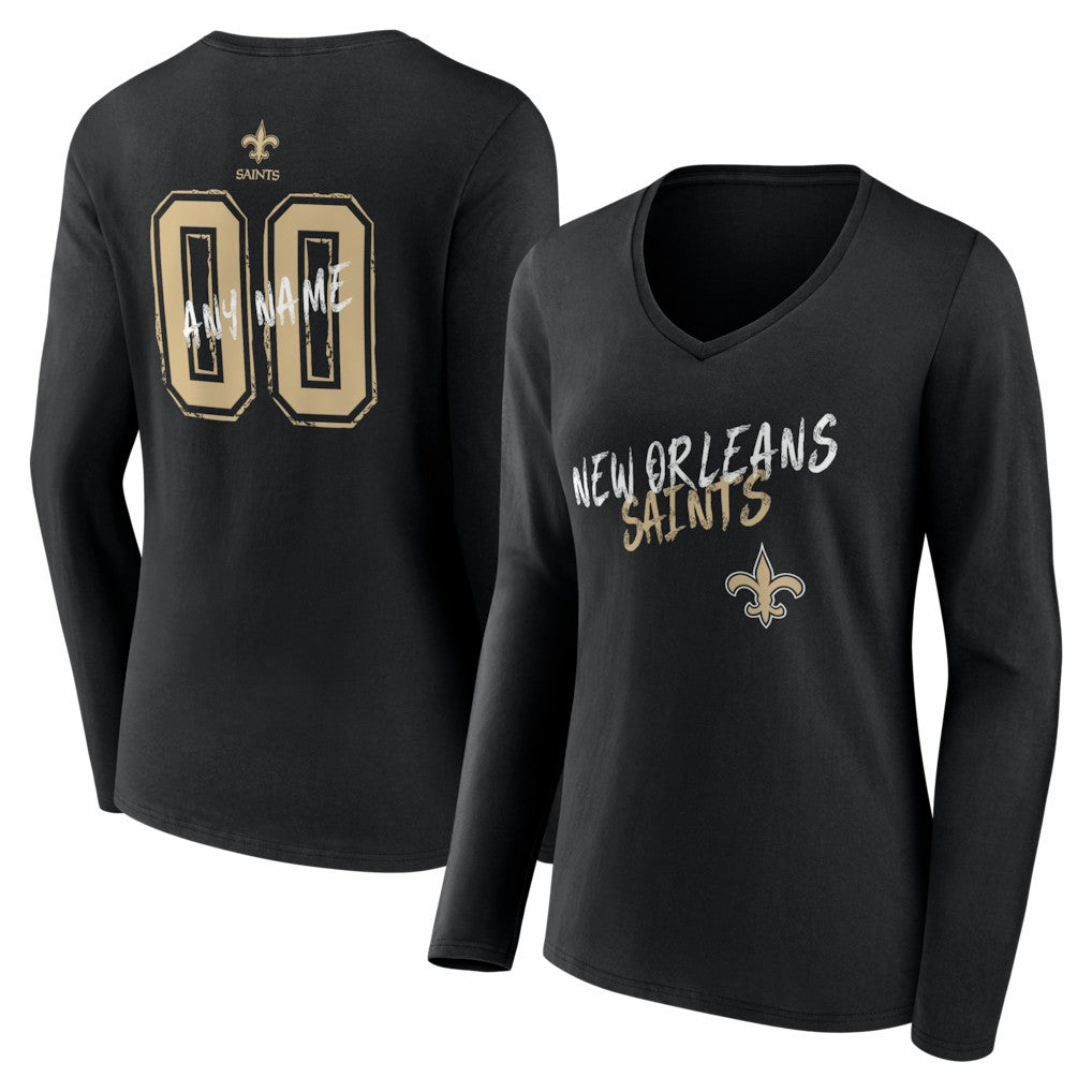 New Orleans Saints Women's Hustle Personalized Name & Number Long Sleeve V-Neck T-Shirt Black | NFL