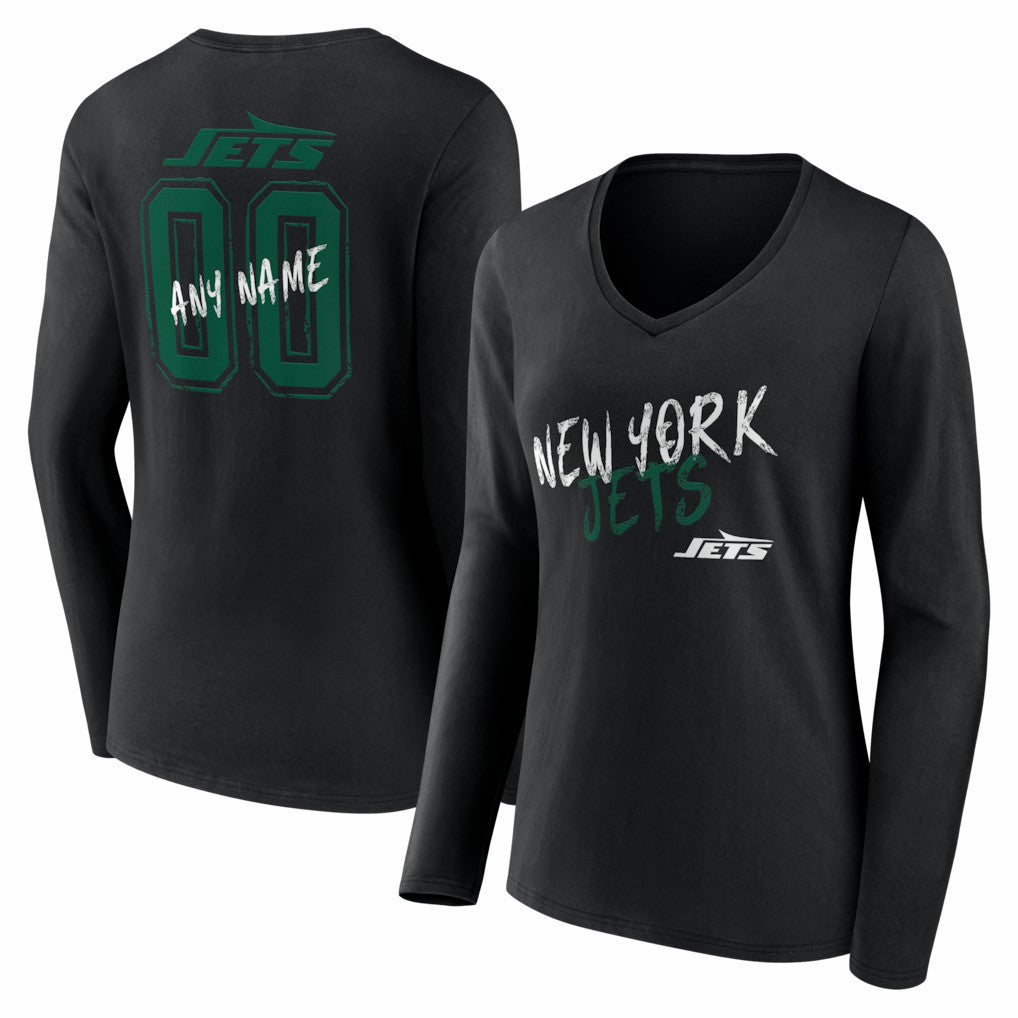 New York Jets Women's Hustle Personalized Name & Number Long Sleeve V-Neck T-Shirt Black | NFL