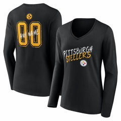 Pittsburgh Steelers Women's Hustle Personalized Name & Number Long Sleeve V-Neck T-Shirt Black | NFL