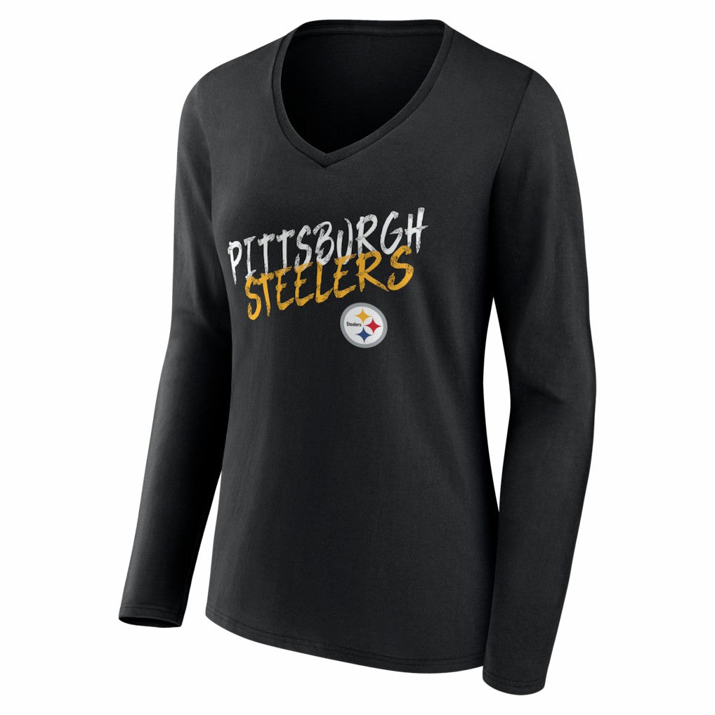 Pittsburgh Steelers Women's Hustle Personalized Name & Number Long Sleeve V-Neck T-Shirt Black | NFL