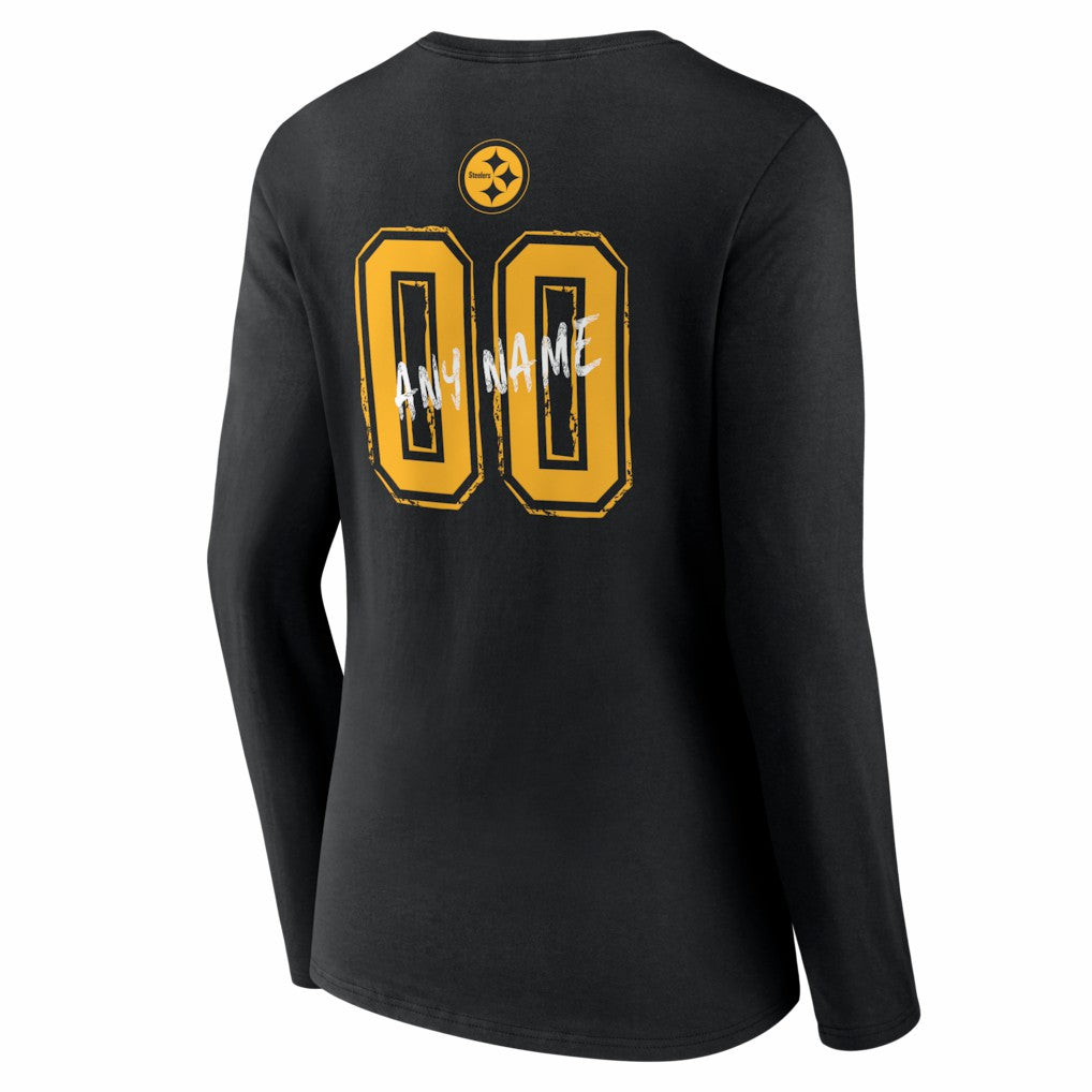Pittsburgh Steelers Women's Hustle Personalized Name & Number Long Sleeve V-Neck T-Shirt Black | NFL