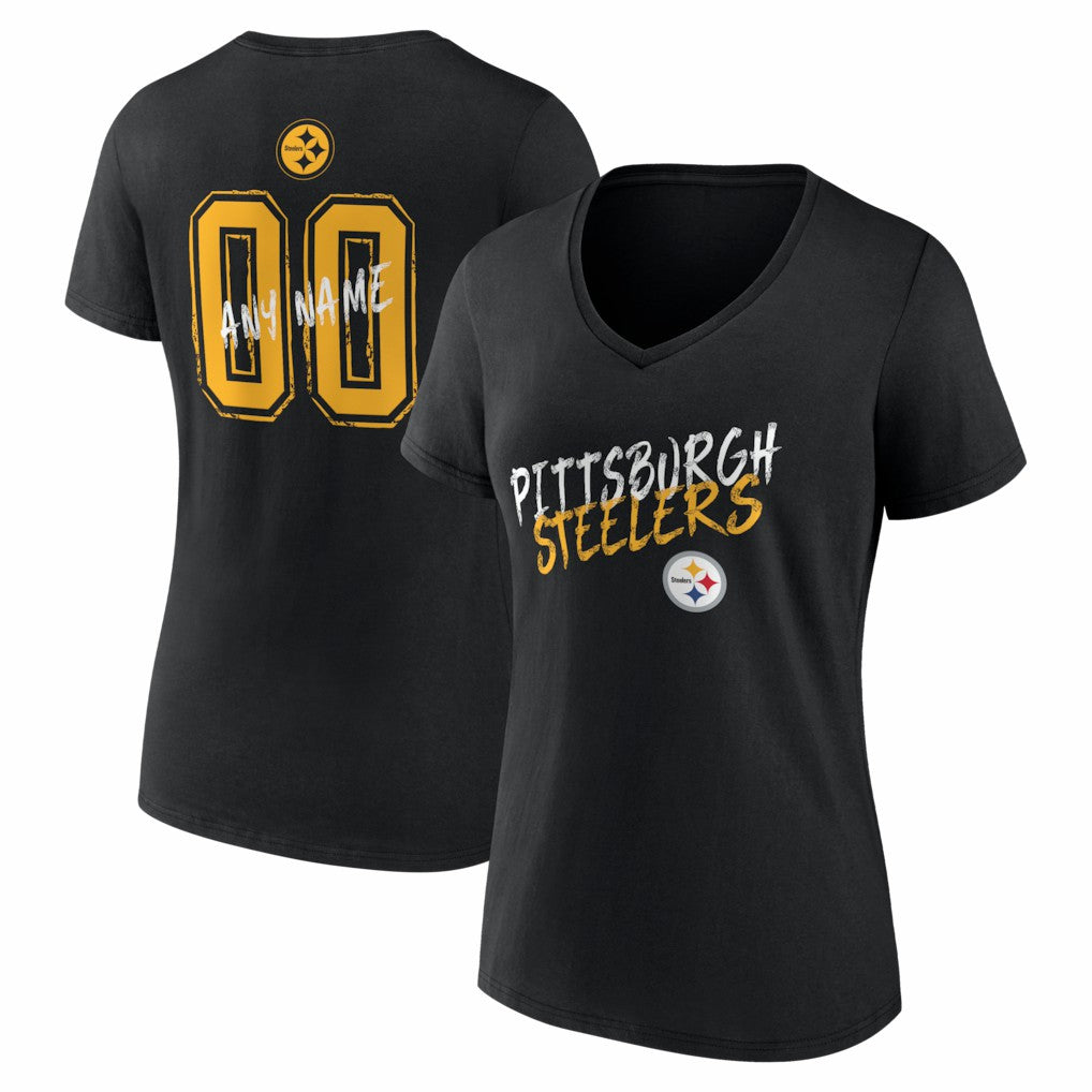 Pittsburgh Steelers Women's Hustle Personalized Name & Number V-Neck T-Shirt Black | NFL