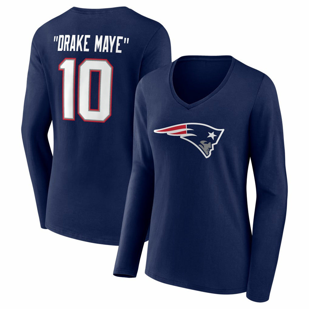 Drake Maye New England Patriots Women's Nickname V-Neck Long Sleeve T-Shirt Navy | NFL