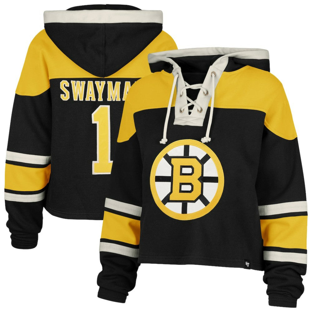 Jeremy Swayman Boston Bruins '47 Women's Superior Lacer Cropped Pullover Hoodie - Black - NHL
