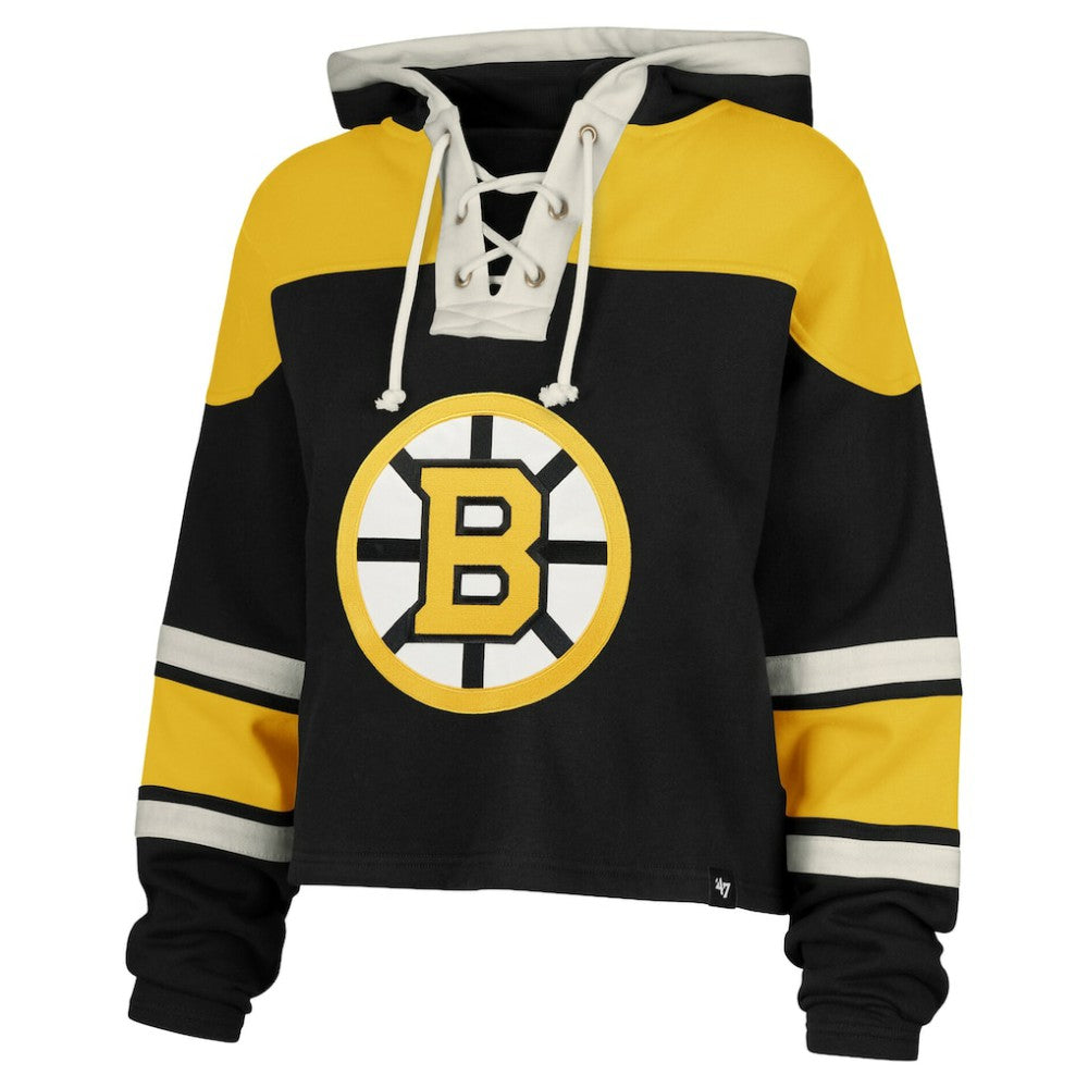 Jeremy Swayman Boston Bruins '47 Women's Superior Lacer Cropped Pullover Hoodie - Black - NHL