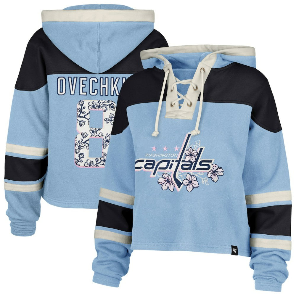Alexander Ovechkin Washington Capitals '47 Women's Cherry Blossom Superior Lacer Cropped Pullover Hoodie - Light Blue - NHL
