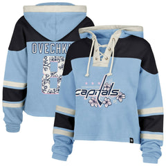 Alexander Ovechkin Washington Capitals '47 Women's Cherry Blossom Superior Lacer Cropped Pullover Hoodie - Light Blue - NHL